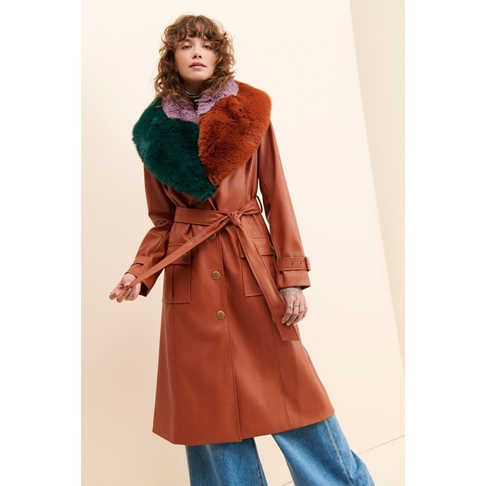 Hutch Anthropologie Faux Leather Multi Color Faux Fur Collar Trench Coat Brown